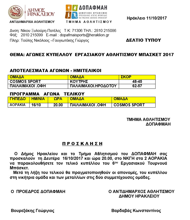 Αγώνες Κυπέλλου Εργασιακού Αθλητισμού Μπάσκετ 2017