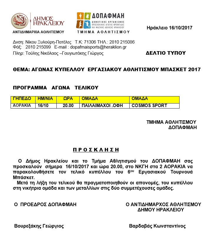 Tελικός κυπέλλου του 6ου Εργασιακού Τουρνουά Μπάσκετ